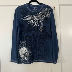 no boundaries Navy Skull Long Sleeve Waffle Knit Graphic Tee
